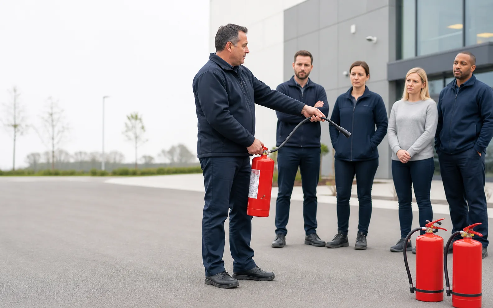 Omówienie użycia gaśnicy podczas zajęć przeciwpożarowych